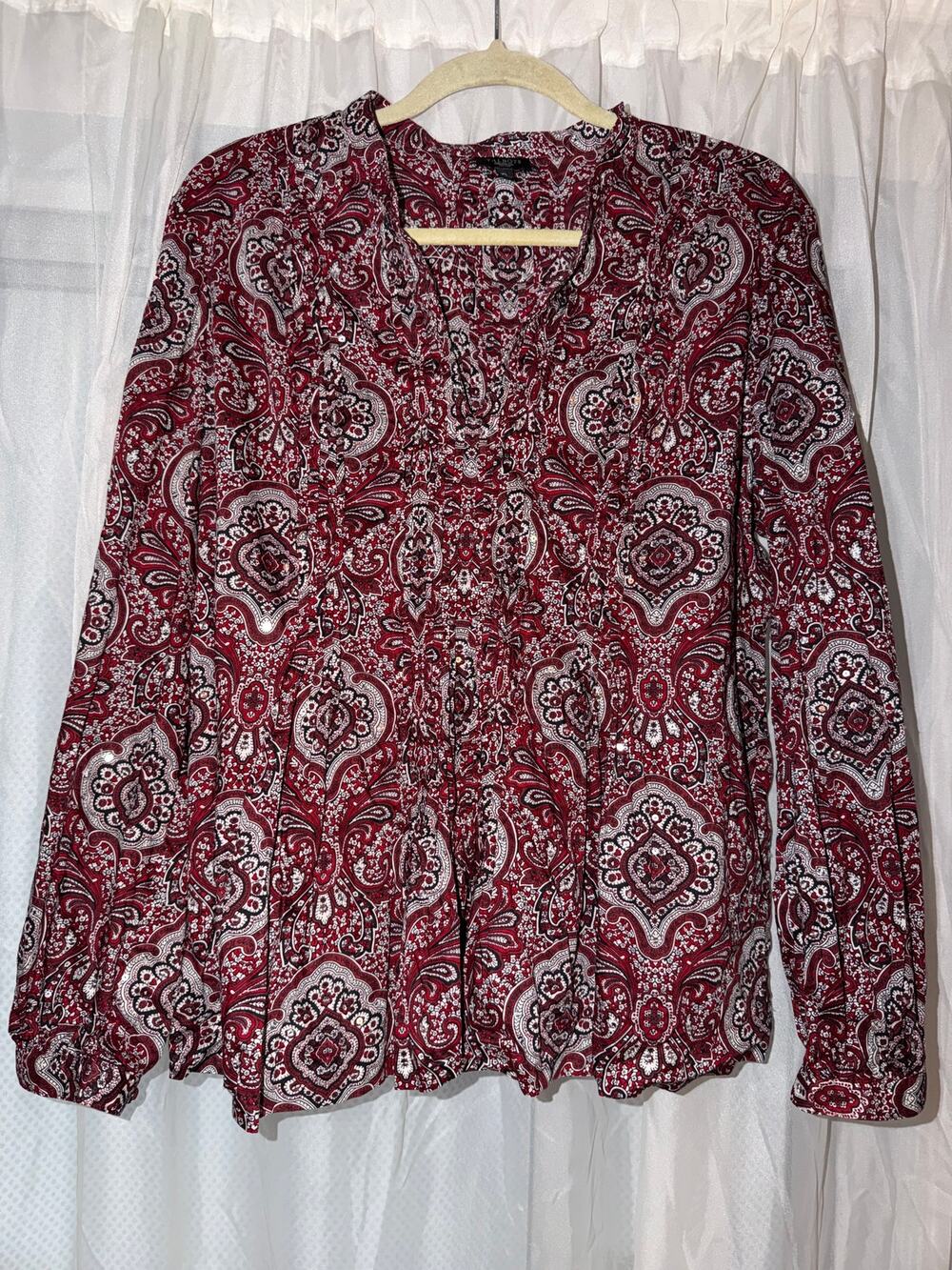 Talbots Womens Petite XL Paisley Blouse Red Cotton Tassel Tie Boho Top